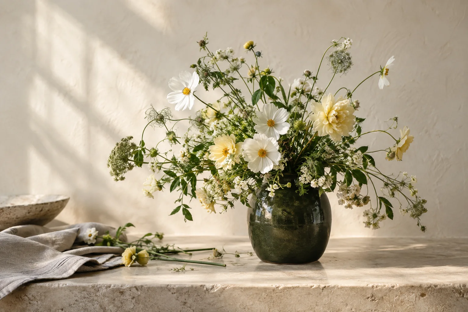White and pale yellow flowers in an olive-green vase, in soft afternoon light
